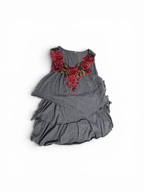 Women’s Gray Tank Top with Red Floral Appliqué